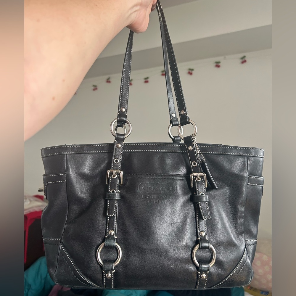 Coach Black Leather Tote with Silver Accents